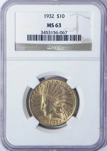 1932 $10 U.S. Indian gold piece: 1932 $10 U.S. Indian gold piece, graded by NGC MS63