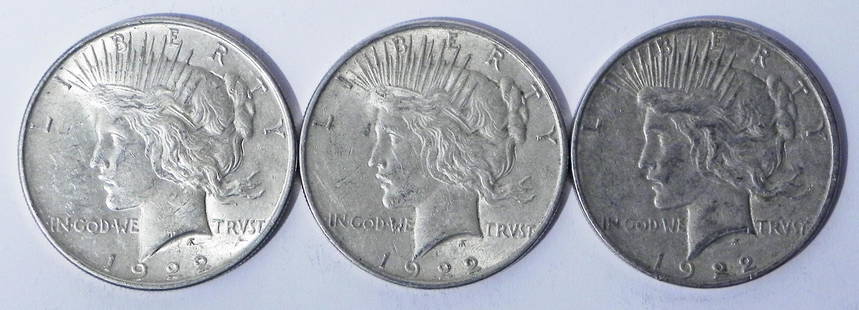 Three 1922 Peace silver dollars: Three 1922 Peace silver dollars, ungraded