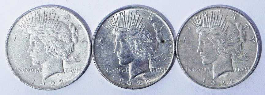 Three 1922 Peace silver dollars: Three 1922 Peace silver dollars, ungraded