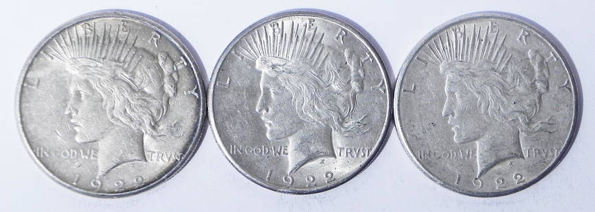Three 1922S Peace silver dollars: Three 1922S Peace silver dollars, ungraded