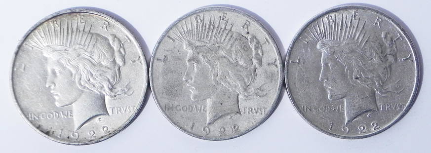 Three 1922D Peace silver dollars: Three 1922D Peace silver dollars, ungraded
