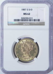 1887 $10 U.S. Liberty Head gold piece: 1887 $10 U.S. Liberty Head gold piece, graded by NGC MS62