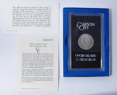 1880 Carson City Morgan silver dollar: 1880 Carson City Morgan silver dollar, UNC with COA