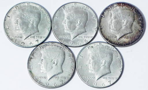 Silver Kennedy half dollar lot: Silver Kennedy half dollar lot. One 1964, one 1966, four 1967, ungraded