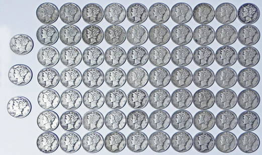 Seventy two Mercury dimes: Seventy two Mercury dimes, ungraded