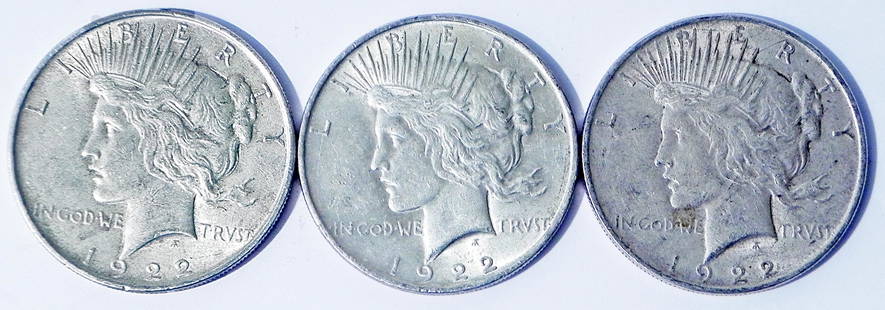 Three 1922 Peace silver dollars: Three 1922 Peace silver dollars, ungraded