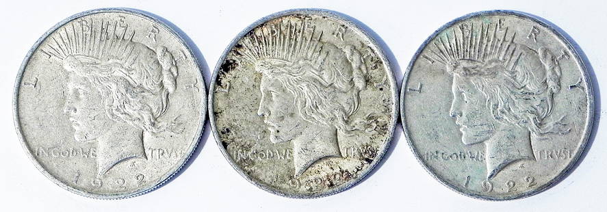 Three 1922 Peace silver dollars: Three 1922 Peace silver dollars, ungraded