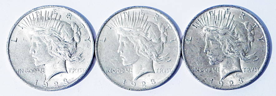 Three 1923 Peace silver dollars: Three 1923 Peace silver dollars, ungraded