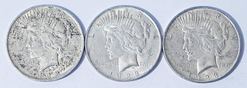 Three 1923 Peace silver dollars: Three 1923 Peace silver dollars, ungraded