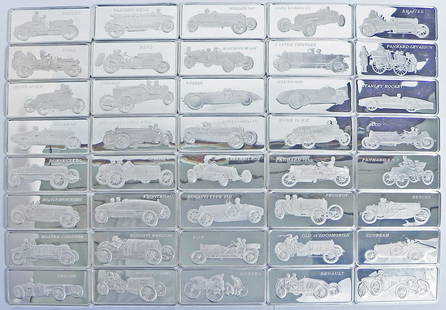 Sixty five sterling silver bars. "The World's Greatest: Sixty five sterling silver bars. "The World's Greatest Racing Cars" by the Franklin Mint. .940 troy oz. each. 61 total troy oz. With display case and COA's