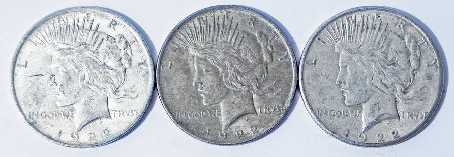 Three 1922 Peace silver dollars: Three 1922 Peace silver dollars, ungraded