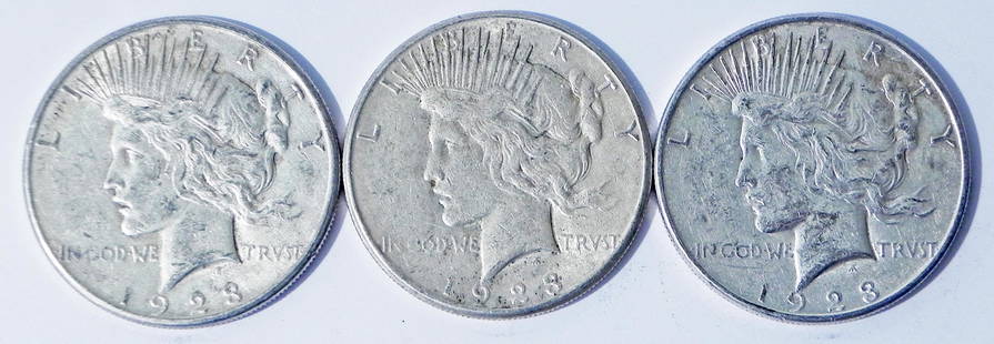 Three 1923S Peace silver dollars: Three 1923S Peace silver dollars, ungraded