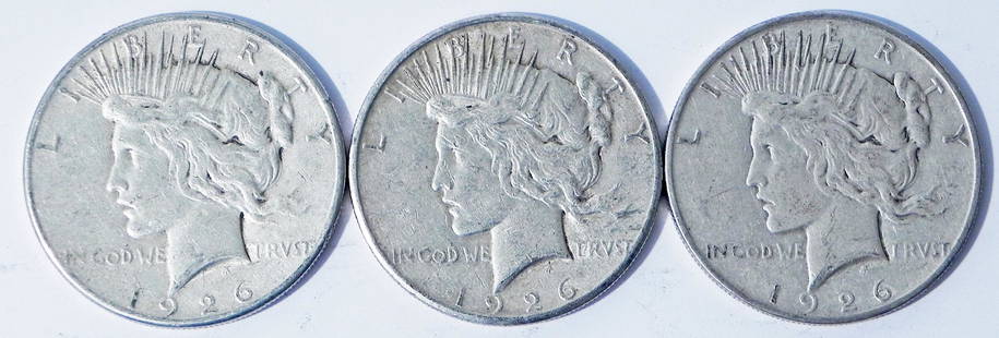Three 1926S Peace silver dollars: Three 1926S Peace silver dollars, ungraded