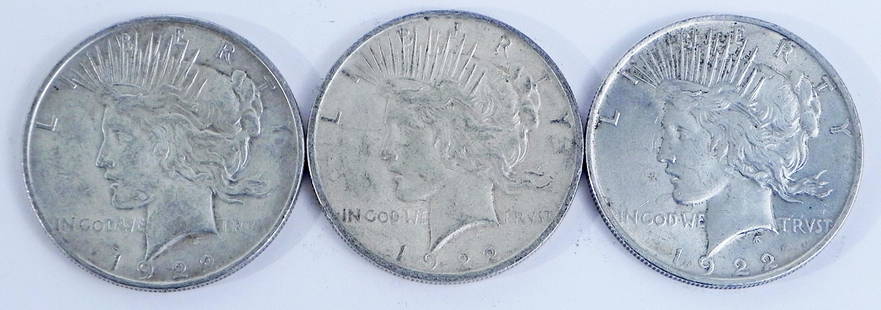 Three 1922 Peace silver dollars: Three 1922 Peace silver dollars, ungraded