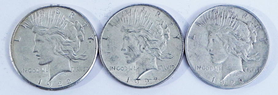 Three 1922 Peace silver dollars: Three 1922 Peace silver dollars, ungraded