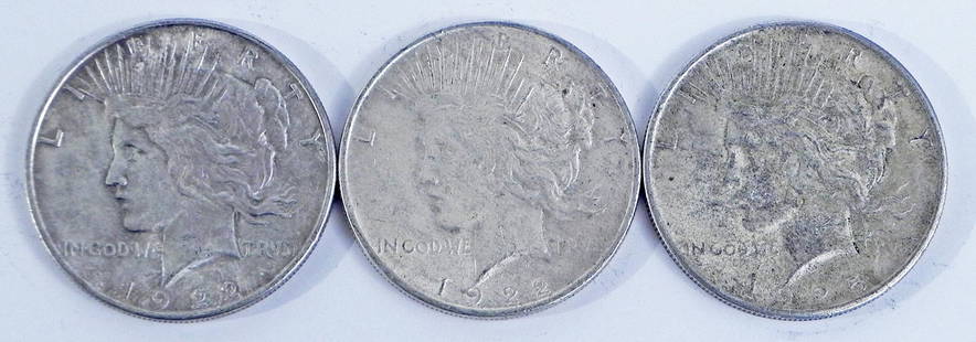 Three 1922 Peace silver dollars: Three 1922 Peace silver dollars, ungraded