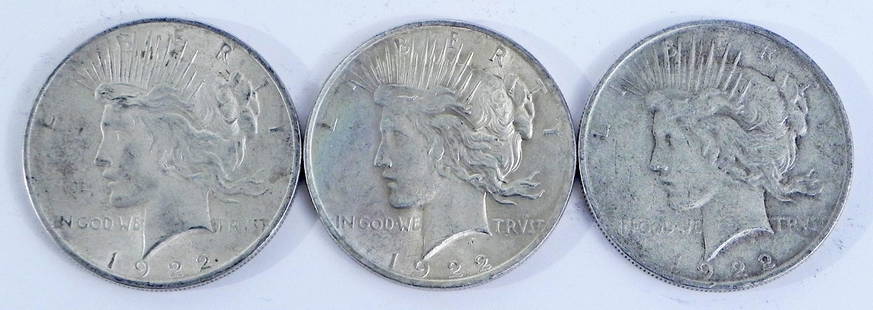 Three 1922 Peace silver dollars: Three 1922 Peace silver dollars, ungraded