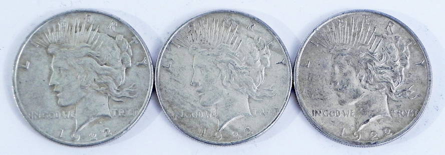 Three 1922 Peace silver dollars: Three 1922 Peace silver dollars, ungraded