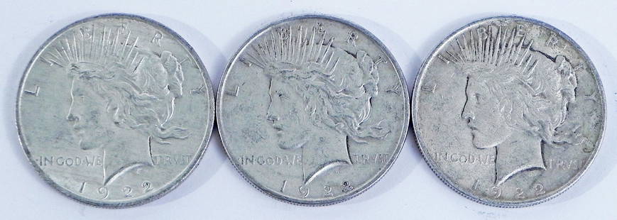 Three 1922 Peace silver dollars: Three 1922 Peace silver dollars, ungraded