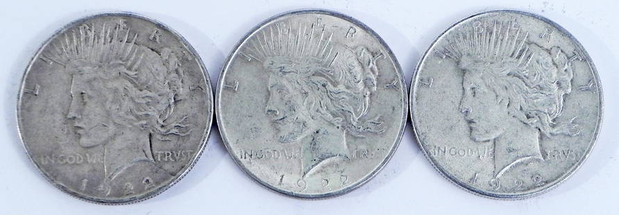 Three 1922 Peace silver dollars: Three 1922 Peace silver dollars, ungraded