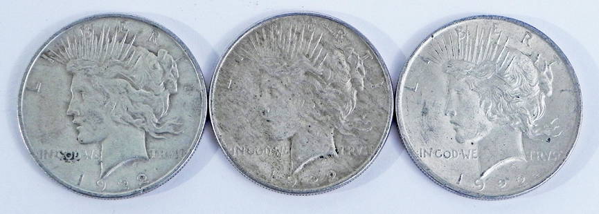 Three 1922 Peace silver dollars: Three 1922 Peace silver dollars, ungraded