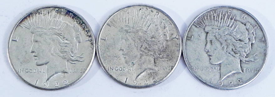 Three 1922S Peace silver dollars: Three 1922S Peace silver dollars, ungraded