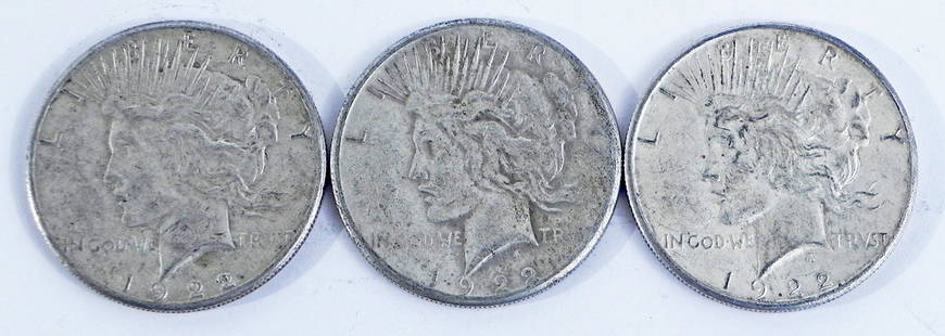 Three 1922S Peace silver dollars: Three 1922S Peace silver dollars, ungraded