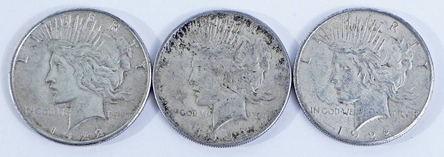 Three 1922S Peace silver dollars: Three 1922S Peace silver dollars, ungraded