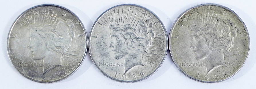 Three 1922S Peace silver dollars: Three 1922S Peace silver dollars, ungraded