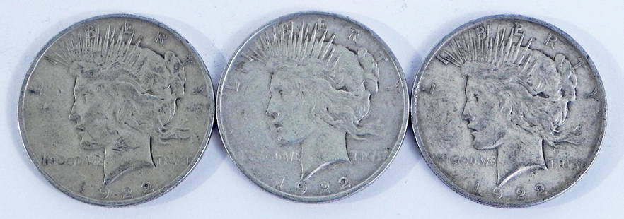 Three 1922D Peace silver dollars: Three 1922D Peace silver dollars, ungraded