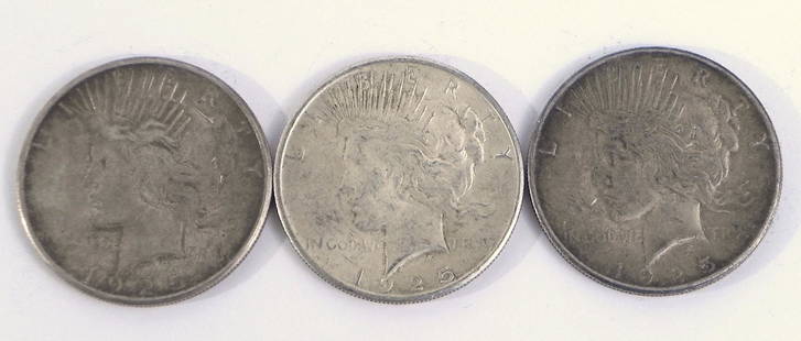 Three 1925 Peace silver dollars: Three 1925 Peace silver dollars, ungraded