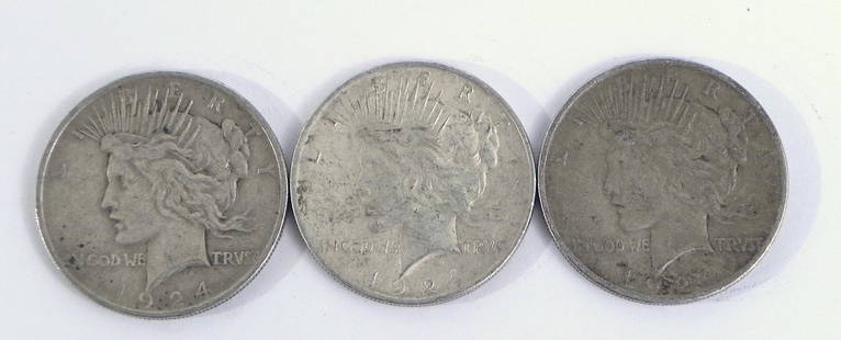 Three 1924 Peace silver dollars: Three 1924 Peace silver dollars, ungraded