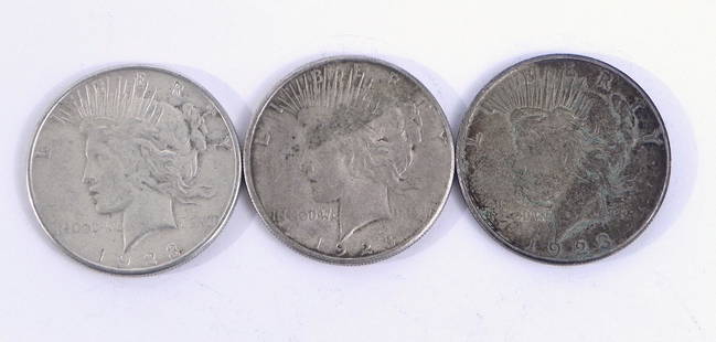 Three 1923S Peace silver dollars: Three 1923S Peace silver dollars, ungraded