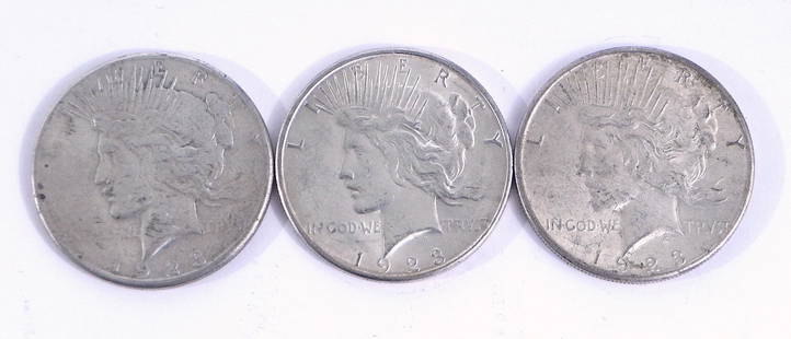 Three 1923S Peace silver dollars: Three 1923S Peace silver dollars, ungraded