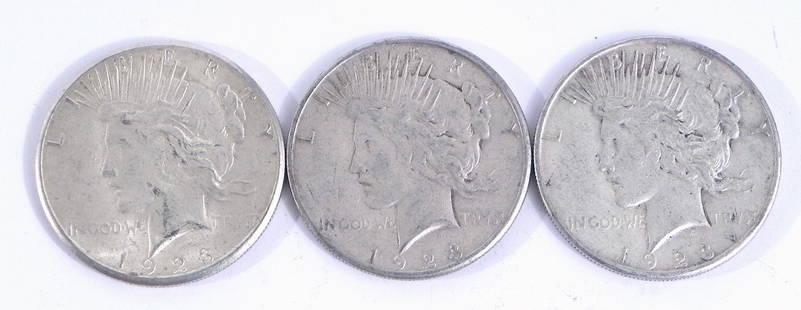 Three 1923S Peace silver dollars: Three 1923S Peace silver dollars, ungraded