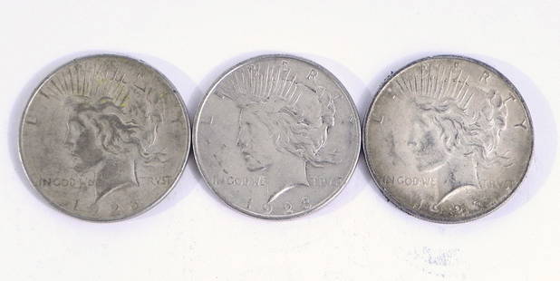 Three 1923D Peace silver dollars: Three 1923D Peace silver dollars, ungraded