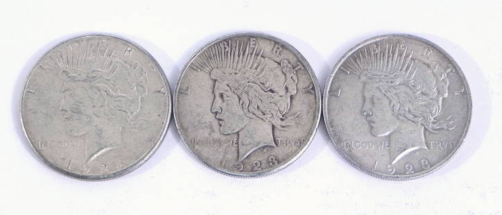 Three 1923 Peace silver dollars. Two S and one P: Three 1923 Peace silver dollars. Two S and one P, ungraded