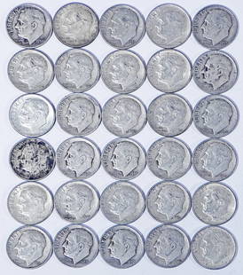 Thirty silver Roosevelt dimes: Thirty silver Roosevelt dimes, $3.00 face value, ungraded