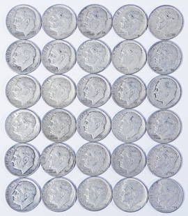 Thirty silver Roosevelt dimes: Thirty silver Roosevelt dimes, $3.00 face value, ungraded