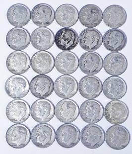 Thirty silver Roosevelt dimes: Thirty silver Roosevelt dimes, $3.00 face value, ungraded