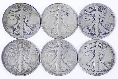 Six Walking Liberty half dollars: Six Walking Liberty half dollars, $3.00 face value, ungraded