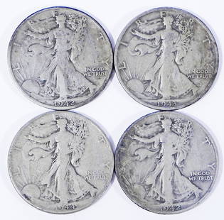 Four Walking Liberty half dollars: Four Walking Liberty half dollars, $2.00 face value, ungraded