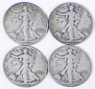 Four Walking Liberty half dollars: Four Walking Liberty half dollars, $2.00 face value, ungraded
