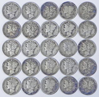 Twenty five Mercury dimes: Twenty five Mercury dimes, $2.50 face value, ungraded