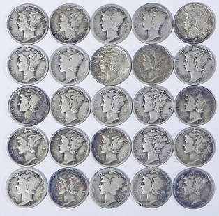 Twenty five Mercury dimes: Twenty five Mercury dimes, $2.50 face value, ungraded
