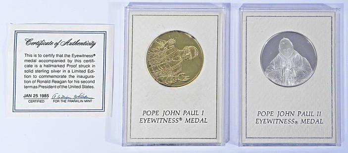 Two sterling silver medals: Two sterling silver medals, Franklin Mint, proof, Pope John Paul I and Pope John Paul II