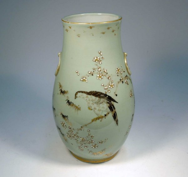 Meiji Japanese celadon glazed vase with gilt enamel