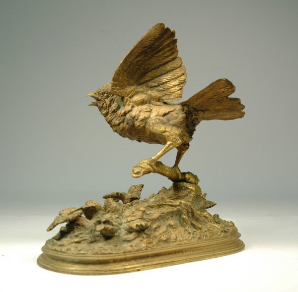 F. (Ferdinand) Pautrot gilt bronze sculpture, life : F. (Ferdinand) Pautrot gilt bronze sculpture, life size bird on branch, inscribed signature on base F. (Ferdinand) Pautrot, late 19th C. Measures 8" high x 7 1/2" x 4", no visible defects