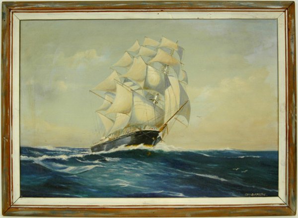 Captain B. (Bayard) F. (Fish) Foulke, oil on canva: Captain B. (Bayard) F. (Fish) Foulke, oil on canvas, titled "Flying Cloud", clipper ship, card attached to reverse with history of the "Flying Cloud" and newspaper clipping, signed lower right, framed