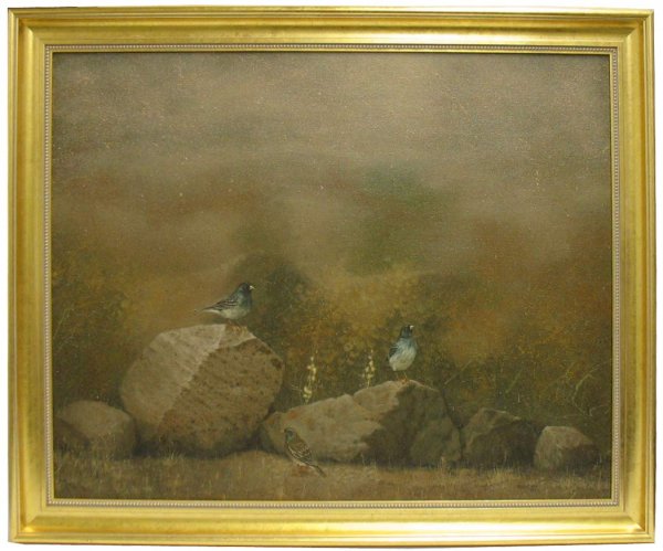 Jose Castano, oil on canvas, landscape in somber t: Jose Castano, oil on canvas, landscape in somber tones of birds sitting on rocks, signed and dated 2003 lower right, framed, 21st C. American, two Newman Gallery labels on reverse, image size 31 1/2" 